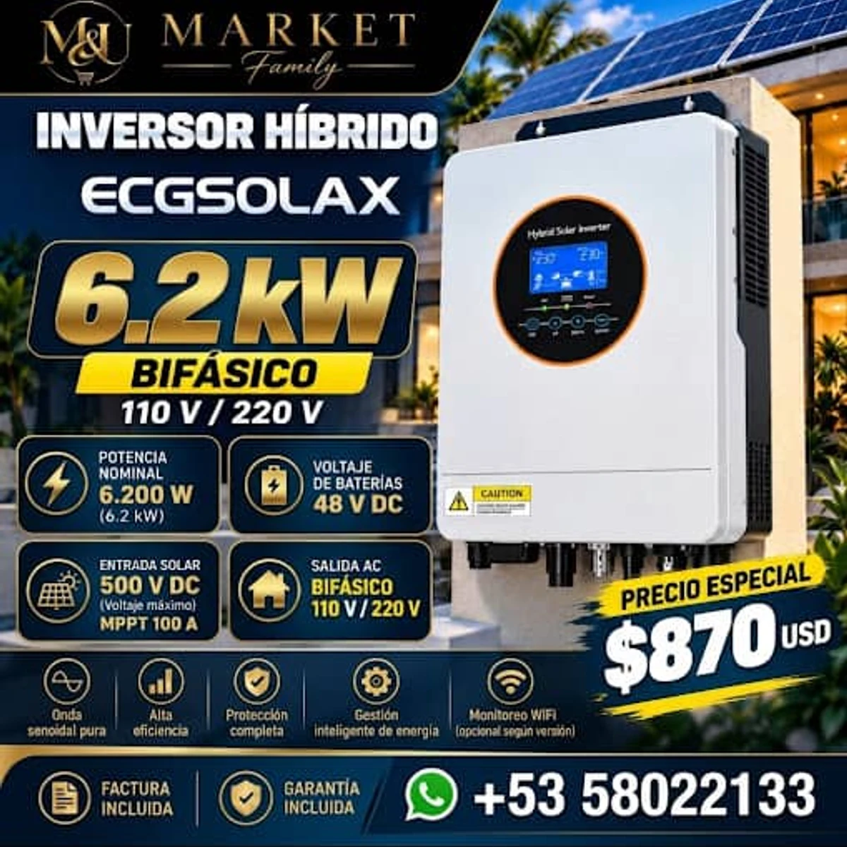 INVERSOR HIBRIDO BIFASICO 110V 220V ECGSOLAX 6.2KW