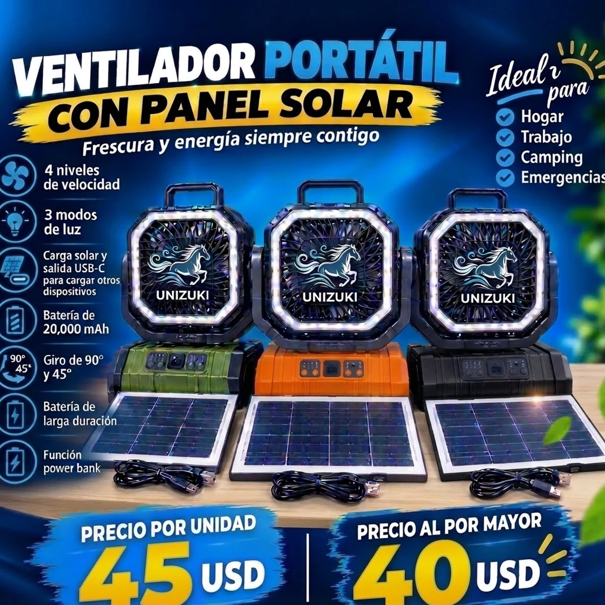 Ventilador Recargable con Panel Solar Unizuki