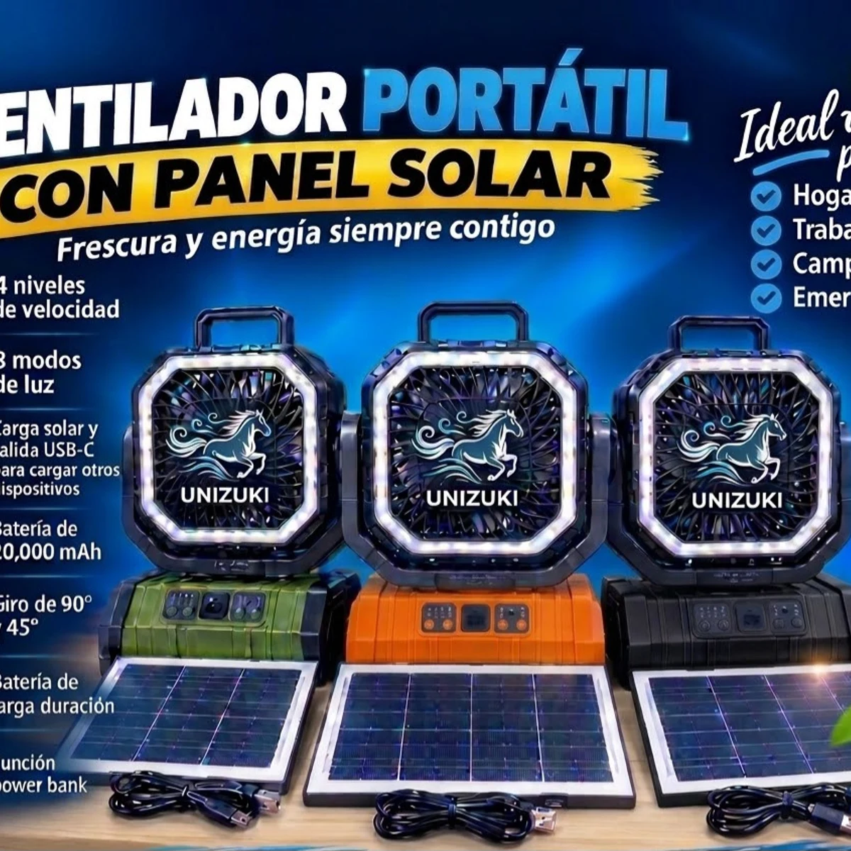 Ventilador Recargable con Panel Solar Unizuki